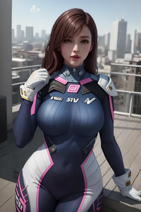 ((best quality)), absurdres, (ultra high res), octane render, (hyperrealistic), 1girl, shoulder pads, blue bodysuit, ribbed bodysuit, animal print, clothes writing, long sleeves, white gloves, pink trim, evocativ pose, city view, (realistic), (8k), (Masterpiece), <lora:DVa:0.83>