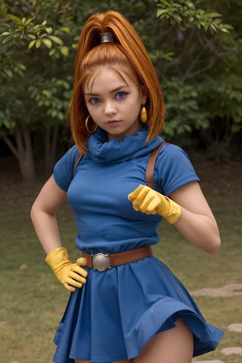 (masterpiece, best quality), 1girl, <lora:barbara:1> barbara \(dq6\),purple eyes,orange hair,long hair,high ponytail,earrings,(cape:1.2),(light blue dress:1.4),belt,elbow gloves,(yellow gloves:1.2),(socks:1.1),boots