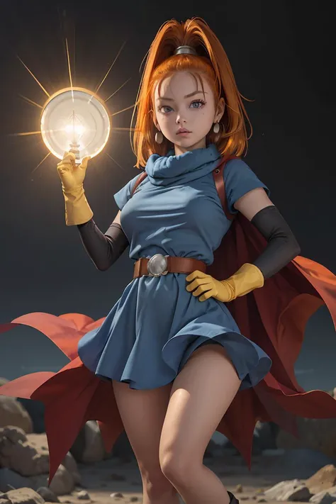 (masterpiece, best quality), 1girl, <lora:barbara:1> barbara \(dq6\),purple eyes,orange hair,long hair,high ponytail,earrings,(cape:1.2),(light blue dress:1.4),belt,elbow gloves,(yellow gloves:1.2),(socks:1.1),boots