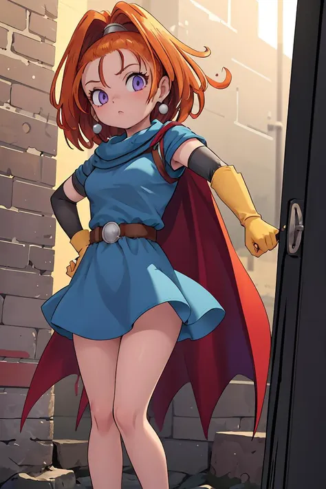 (masterpiece, best quality), 1girl, <lora:barbara:1> barbara \(dq6\),purple eyes,orange hair,long hair,high ponytail,earrings,(cape:1.2),(light blue dress:1.4),belt,elbow gloves,(yellow gloves:1.2),(socks:1.1),boots