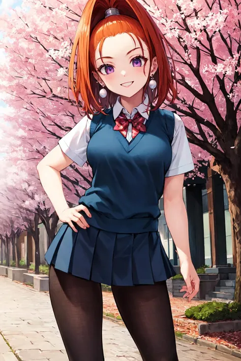 masterpiece,best quality,highres,ultra-detailed,barbara \(dq6\),purple eyes,orange hair,long hair,high ponytail,earrings,<lora:barbara:0.8>,pantyhose,outdoors,cherry blossoms,street,smile,(school uniform:1.2),sweater vest,