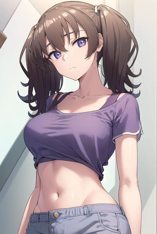 laundrygirl, <lora:laundrygirl-lora-nochekaiser:1>,
laundry girl, twintails, bangs, hair between eyes, brown hair, (purple eyes:1.1),
BREAK shirt, collarbone, bra strap, shorts, short sleeves,
BREAK indoors,
BREAK looking at viewer, (cowboy shot:1.5),
BREAK <lyco:GoodHands-beta2:1>, (masterpiece:1.2), best quality, high resolution, unity 8k wallpaper, (illustration:0.8), (beautiful detailed eyes:1.6), extremely detailed face, perfect lighting, extremely detailed CG, (perfect hands, perfect anatomy),