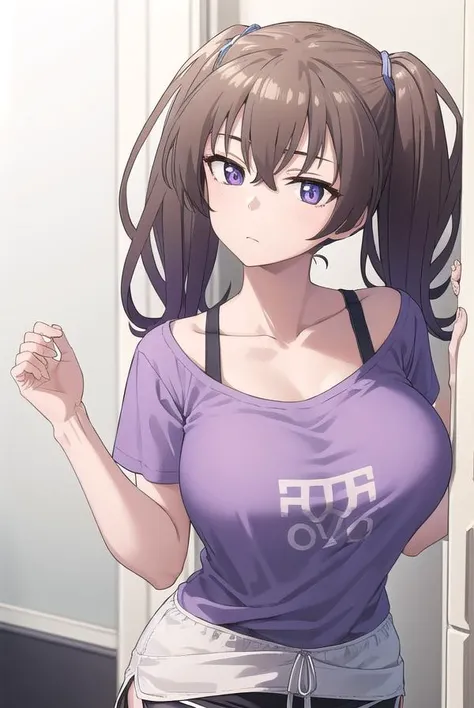 laundrygirl, <lora:laundrygirl-lora-nochekaiser:1>,
laundry girl, twintails, bangs, hair between eyes, brown hair, (purple eyes:1.1),
BREAK shirt, collarbone, bra strap, shorts, short sleeves,
BREAK indoors,
BREAK looking at viewer, (cowboy shot:1.5),
BREAK <lyco:GoodHands-beta2:1>, (masterpiece:1.2), best quality, high resolution, unity 8k wallpaper, (illustration:0.8), (beautiful detailed eyes:1.6), extremely detailed face, perfect lighting, extremely detailed CG, (perfect hands, perfect anatomy),