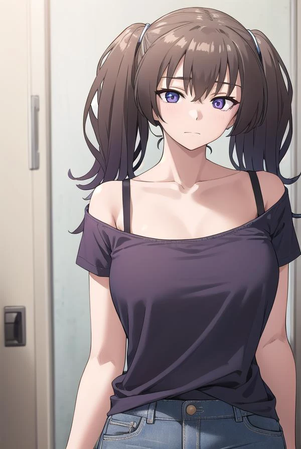 laundrygirl, <lora:laundrygirl-lora-nochekaiser:1>,
laundry girl, twintails, bangs, hair between eyes, brown hair, (purple eyes:1.1),
BREAK shirt, collarbone, bra strap, shorts, short sleeves,
BREAK indoors,
BREAK looking at viewer, (cowboy shot:1.5),
BREAK <lyco:GoodHands-beta2:1>, (masterpiece:1.2), best quality, high resolution, unity 8k wallpaper, (illustration:0.8), (beautiful detailed eyes:1.6), extremely detailed face, perfect lighting, extremely detailed CG, (perfect hands, perfect anatomy),