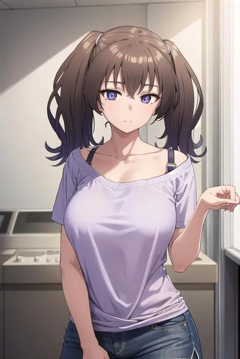 laundrygirl, <lora:laundrygirl-lora-nochekaiser:1>,
laundry girl, twintails, bangs, hair between eyes, brown hair, (purple eyes:1.1),
BREAK shirt, collarbone, bra strap, shorts, short sleeves,
BREAK indoors,
BREAK looking at viewer, (cowboy shot:1.5),
BREAK <lyco:GoodHands-beta2:1>, (masterpiece:1.2), best quality, high resolution, unity 8k wallpaper, (illustration:0.8), (beautiful detailed eyes:1.6), extremely detailed face, perfect lighting, extremely detailed CG, (perfect hands, perfect anatomy),