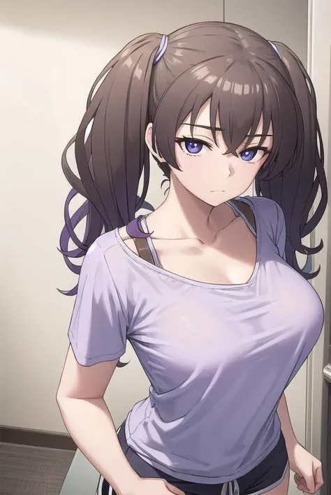 laundrygirl, <lora:laundrygirl-lora-nochekaiser:1>,
laundry girl, twintails, bangs, hair between eyes, brown hair, (purple eyes:1.1),
BREAK shirt, collarbone, bra strap, shorts, short sleeves,
BREAK indoors,
BREAK looking at viewer, (cowboy shot:1.5),
BREAK <lyco:GoodHands-beta2:1>, (masterpiece:1.2), best quality, high resolution, unity 8k wallpaper, (illustration:0.8), (beautiful detailed eyes:1.6), extremely detailed face, perfect lighting, extremely detailed CG, (perfect hands, perfect anatomy),