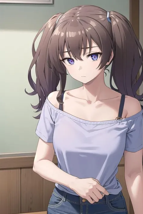 laundrygirl, <lora:laundrygirl-lora-nochekaiser:1>,
laundry girl, twintails, bangs, hair between eyes, brown hair, (purple eyes:1.1),
BREAK shirt, collarbone, bra strap, shorts, short sleeves,
BREAK indoors,
BREAK looking at viewer, (cowboy shot:1.5),
BREAK <lyco:GoodHands-beta2:1>, (masterpiece:1.2), best quality, high resolution, unity 8k wallpaper, (illustration:0.8), (beautiful detailed eyes:1.6), extremely detailed face, perfect lighting, extremely detailed CG, (perfect hands, perfect anatomy),