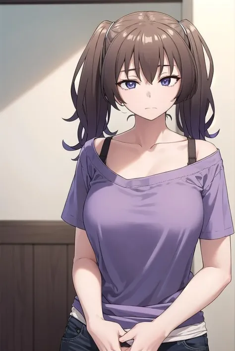 laundrygirl, <lora:laundrygirl-lora-nochekaiser:1>,
laundry girl, twintails, bangs, hair between eyes, brown hair, (purple eyes:1.1),
BREAK shirt, collarbone, bra strap, shorts, short sleeves,
BREAK indoors,
BREAK looking at viewer, (cowboy shot:1.5),
BREAK <lyco:GoodHands-beta2:1>, (masterpiece:1.2), best quality, high resolution, unity 8k wallpaper, (illustration:0.8), (beautiful detailed eyes:1.6), extremely detailed face, perfect lighting, extremely detailed CG, (perfect hands, perfect anatomy),