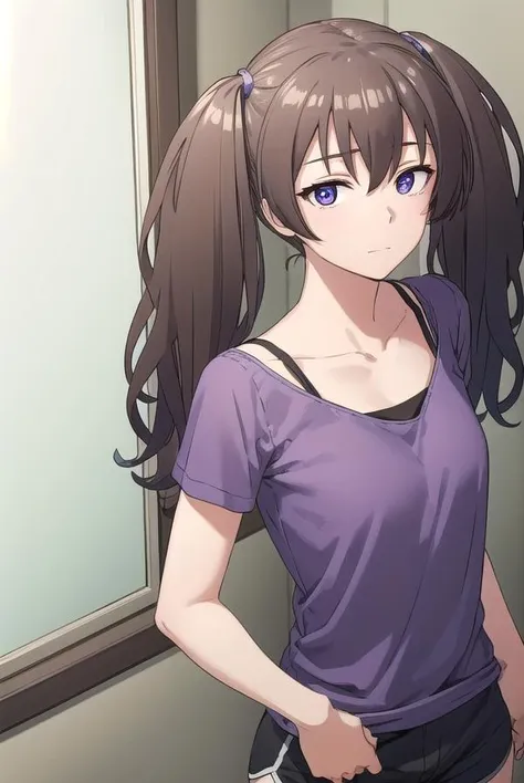 laundrygirl, <lora:laundrygirl-lora-nochekaiser:1>,
laundry girl, twintails, bangs, hair between eyes, brown hair, (purple eyes:1.1),
BREAK shirt, collarbone, bra strap, shorts, short sleeves,
BREAK indoors,
BREAK looking at viewer, (cowboy shot:1.5),
BREAK <lyco:GoodHands-beta2:1>, (masterpiece:1.2), best quality, high resolution, unity 8k wallpaper, (illustration:0.8), (beautiful detailed eyes:1.6), extremely detailed face, perfect lighting, extremely detailed CG, (perfect hands, perfect anatomy),