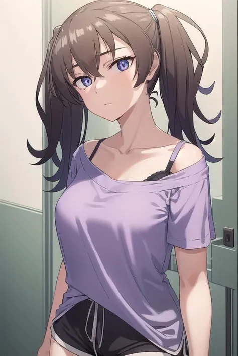 laundrygirl, <lora:laundrygirl-lora-nochekaiser:1>,
laundry girl, twintails, bangs, hair between eyes, brown hair, (purple eyes:1.1),
BREAK shirt, collarbone, bra strap, shorts, short sleeves,
BREAK indoors,
BREAK looking at viewer, (cowboy shot:1.5),
BREAK <lyco:GoodHands-beta2:1>, (masterpiece:1.2), best quality, high resolution, unity 8k wallpaper, (illustration:0.8), (beautiful detailed eyes:1.6), extremely detailed face, perfect lighting, extremely detailed CG, (perfect hands, perfect anatomy),
