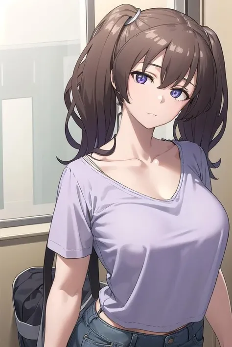 laundrygirl, <lora:laundrygirl-lora-nochekaiser:1>,
laundry girl, twintails, bangs, hair between eyes, brown hair, (purple eyes:1.1),
BREAK shirt, collarbone, bra strap, shorts, short sleeves,
BREAK indoors,
BREAK looking at viewer, (cowboy shot:1.5),
BREAK <lyco:GoodHands-beta2:1>, (masterpiece:1.2), best quality, high resolution, unity 8k wallpaper, (illustration:0.8), (beautiful detailed eyes:1.6), extremely detailed face, perfect lighting, extremely detailed CG, (perfect hands, perfect anatomy),