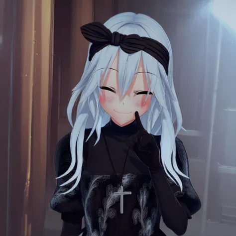 <lora:Yasu_Yasui_from_LiL_for_PonyXL:1>, yasu, 1girl, solo, gloves, closed eyes, blush, smile, black gloves, cross, jewelry, ribbon, hair ribbon, dress, upper body, hairband, black dress, bow, hair bow, hair between eyes, necklace, score_9, score_8_up, score_7_up, score_6_up, score_5_up, score_4_up