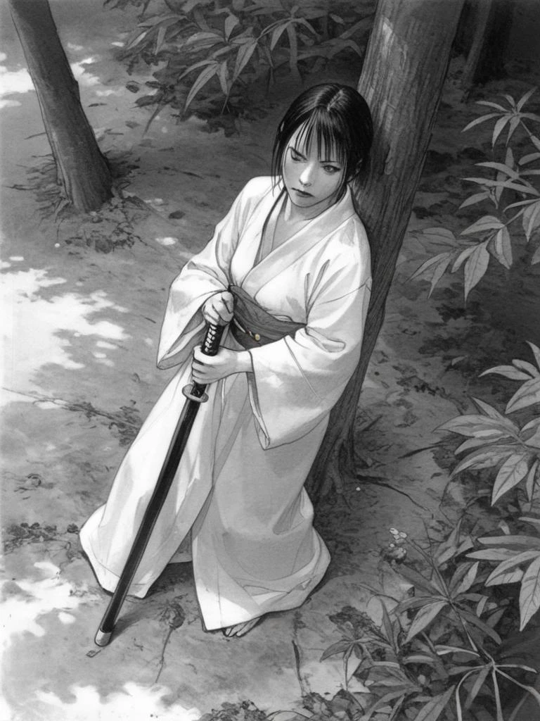from above, monochrome, woman, sword, katana, robe, forest <lora:samulora-xl-lite_001:0.45>
