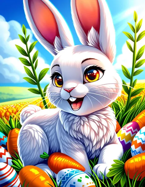 Wide angle watercolor painting, (Fluffy white rabbit eating orange carrot:1.3), Central composition, Soft fur, Lively eyes, (Gentle green grass:1.2), Vibrant orange carrot, Delicate whiskers, (Bright Easter eggs of varying patterns and sizes:1.3), Scattered among wildflowers, Varied floral designs, Blooming daisies and tulips, (Blue sky with fluffy white clouds:1.2), Light strokes, Airy atmosphere, Playful spring ambiance, Soft natural light, Vibrant color palette, Delicate brush strokes.Masterpiece,best quality,hi res,8k,hi res,8k,award winning,(sharp focus, intricate, highly detailed),