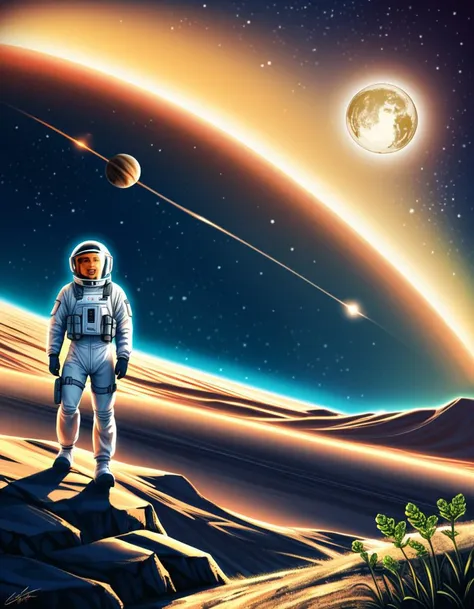 Wide angle digital illustration, (Astronaut in a futuristic spacesuit:1.3), Central composition, Metallic gray suit, Reflective helmet, Advanced gadgets, (Walking on rugged alien terrain:1.2), Small hills and winding paths, (Gigantic extraterrestrial plants:1.3), Translucent bioluminescent stems, Large mushroom-like caps, (Glowing blue and green hues:1.2), Luminous filaments, Distant celestial background, (Immense Jupiter-like planet:1.3), Beige-orange cloud bands, Illuminated by distant sunlight, (Small moon hovering nearby:1.2), Deep blue starry sky, Subtle golden glow, Soft bluish-green lighting, Dreamlike extraterrestrial ambiance.Masterpiece,best quality,hi res,8k,hi res,8k,award winning,(sharp focus, intricate, highly detailed),