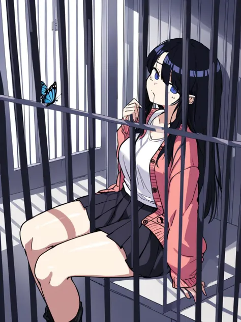 (art by bbaltong), cardigan, overall skirt, jail, butterfly sitting,