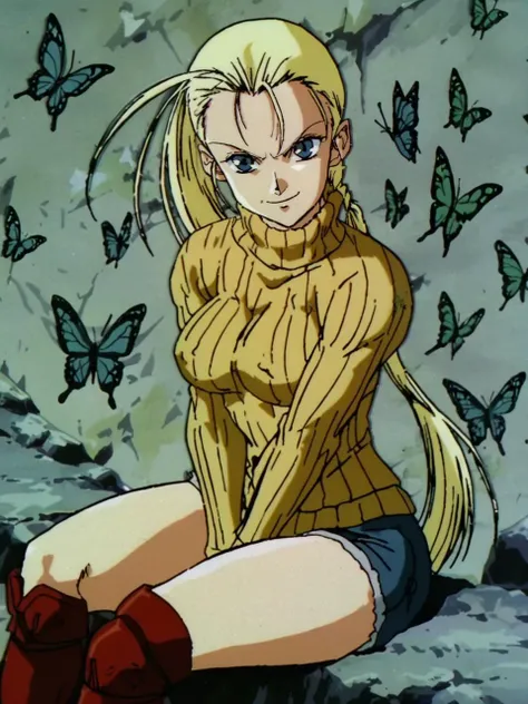 art by retro anime, cammy white, solo, looking at viewer, smug, a painting of a person in a beautiful cave, butterfly sitting, aran sweater, micro shorts