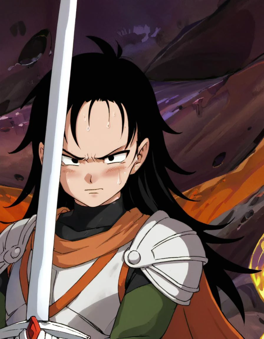 1boy, solo, long hair, armor, <lora:dragonballartstyle:.85>, dragonballartstyle, solo, cave, sword, close up,