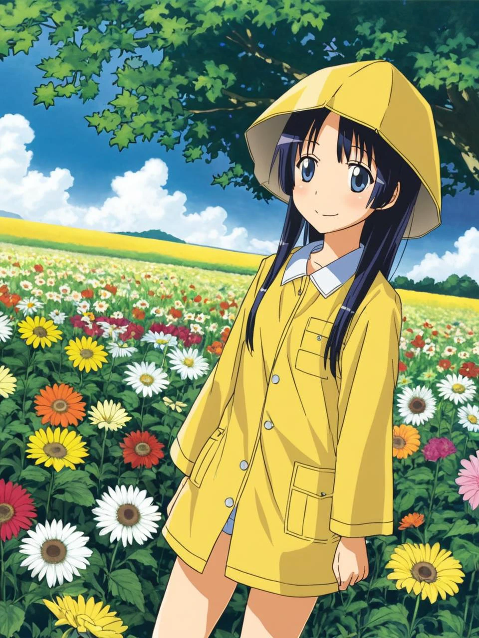 (art by takeuchi takashi), yellow raincoat, shorts, field of flowers, seiza,