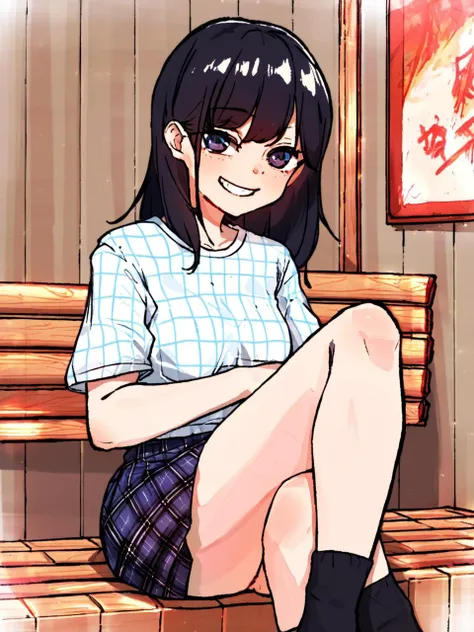 art by roritto, 1girl, deedlit, solo, looking at viewer, smug, a painting of a person in a beautiful sauna, sitting, compression shirt, plaid skirt