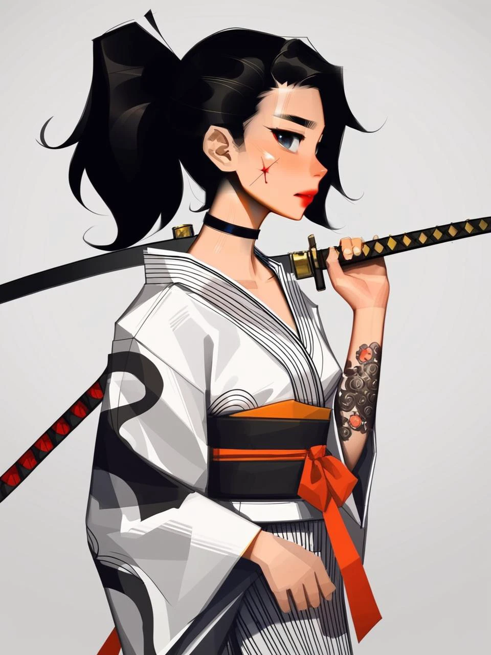 (art by sam yang:1.2), 1girl, weapon, sword, solo, tattoo, black hair, katana, looking at viewer, sarashi, japanese clothes, arm tattoo, kimono, ponytail, choker, sheath, blood