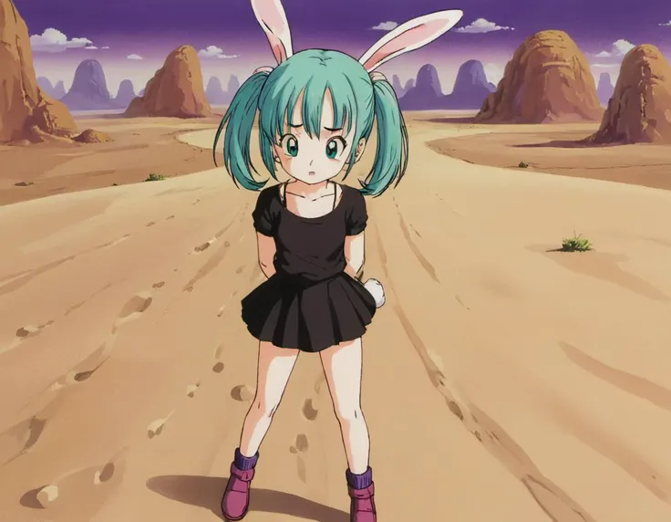 a girl in a bunny costume in a desert in the style of akira toriyama, <lora:dragonballartstyle:.85>, dragonballartstyle, bulma,