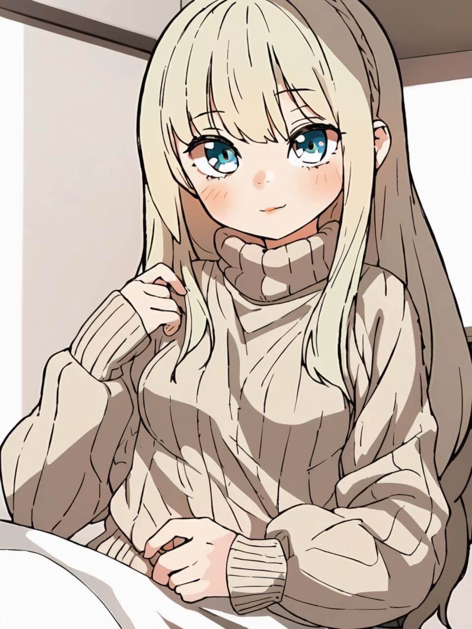 Amonitto, 1girl, solo, long hair, small breasts, looking at viewer, smug, bangs,aran sweater , lying, kitchen