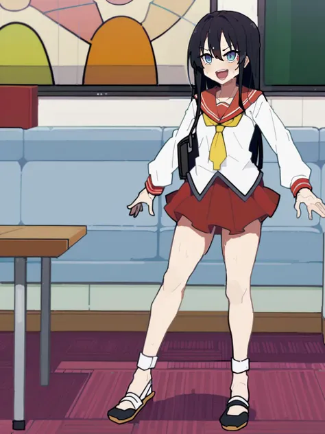 (art by kakure eria:1.3), 1girl, lounge, standing on one leg, overall skirt,