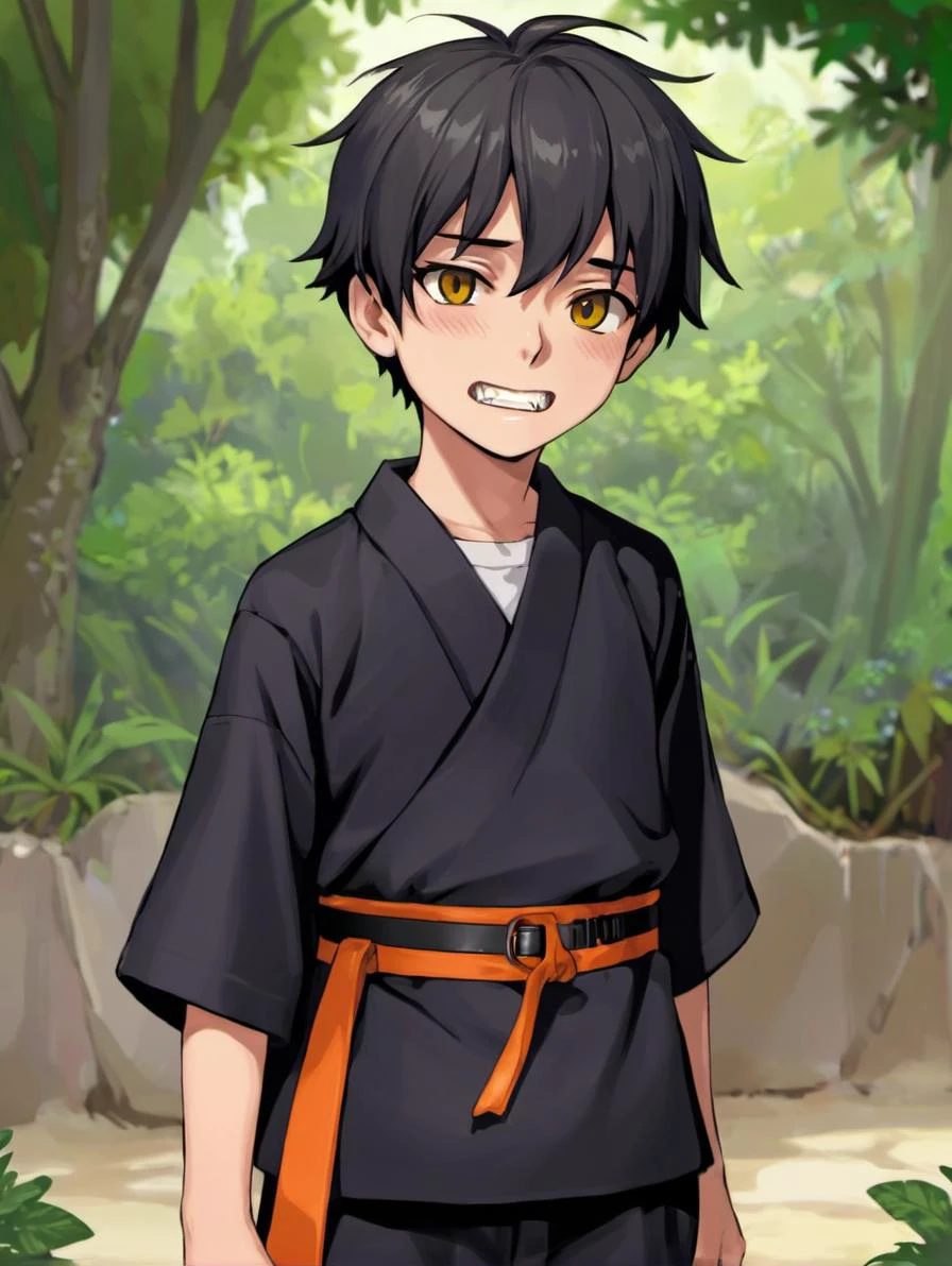 1boy, solo,,detailed_background,outdoors,bright pupils,coif,teeth,black belt,highres