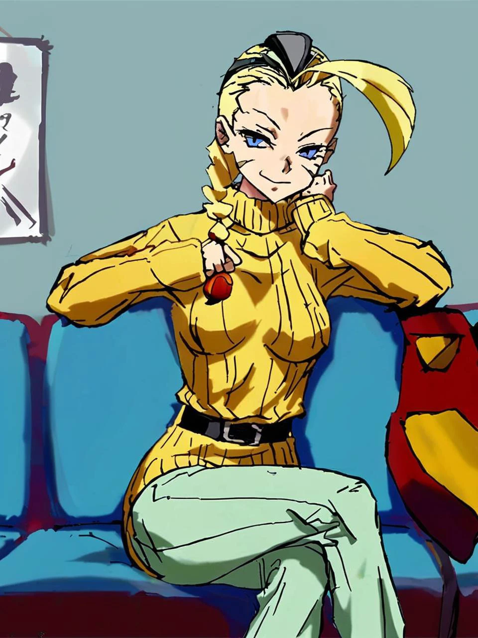 art by a-801, 1girl, cammy white, solo, looking at viewer, smug, a painting of a person in a beautiful lounge, sitting on lap, sweater dress, pants