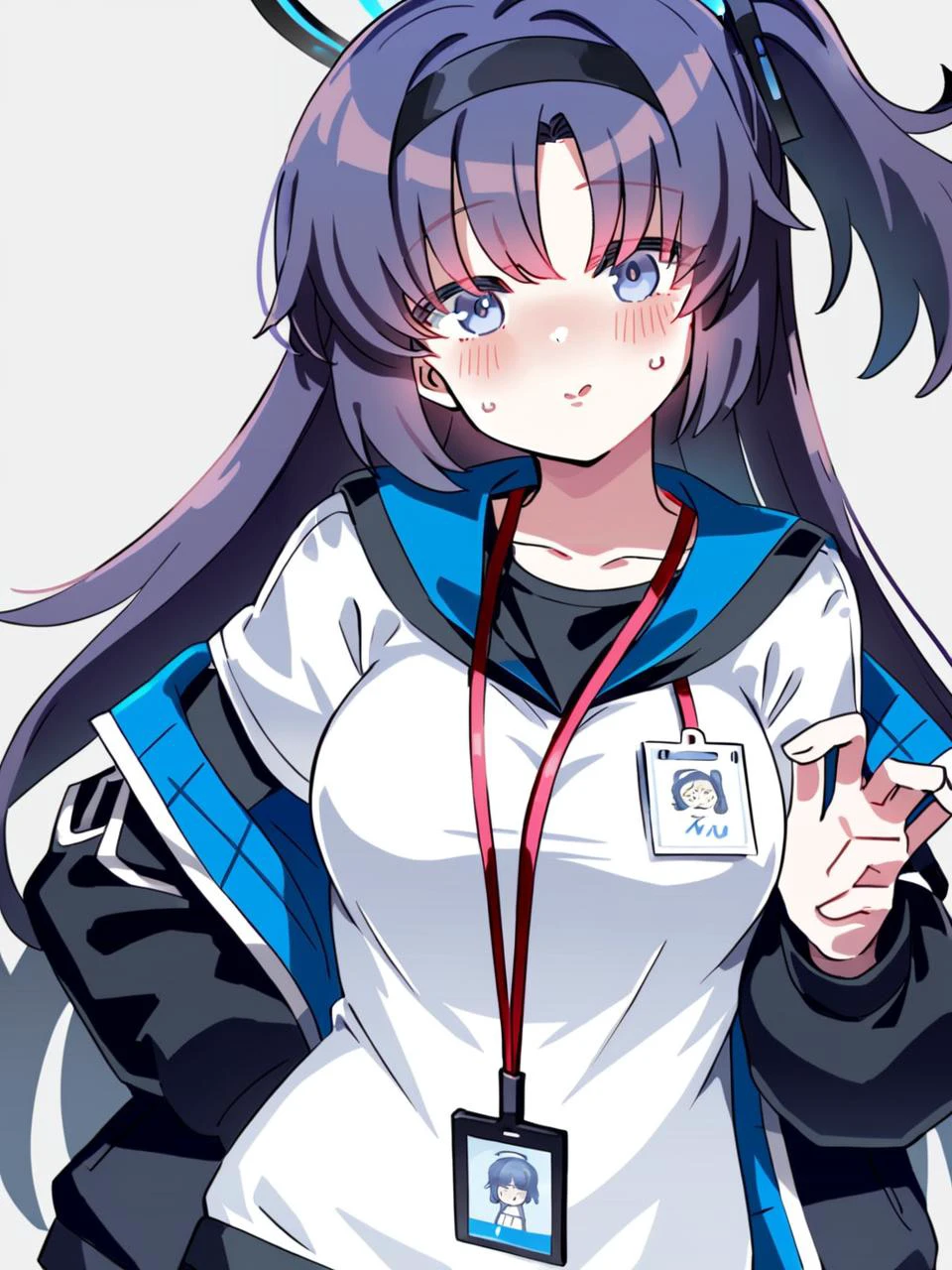 art by superzombie, 1girl, long hair, shirt, official alternate costume, halo, lanyard, yuuka (blue archive)