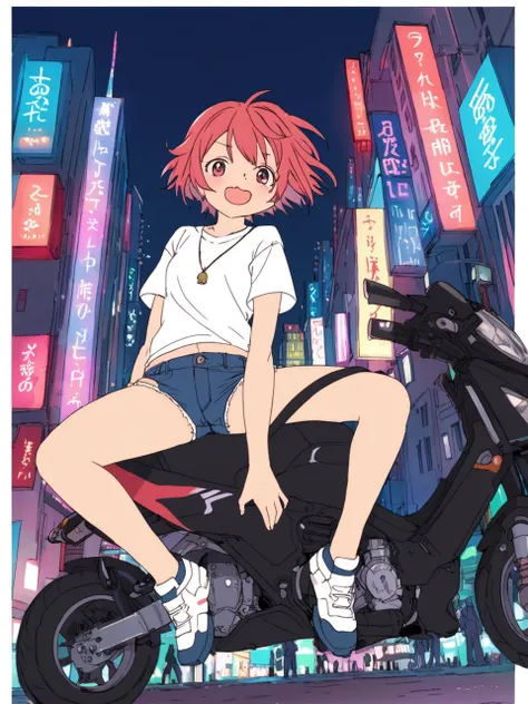 (art by daidai ookami), stringer, micro shorts, a neon city, thigh straddling,