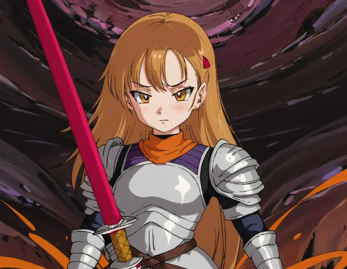 1girl, solo, long hair, armor, <lora:dragonballartstyle:.85>, dragonballartstyle, solo, cave, sword, close up,