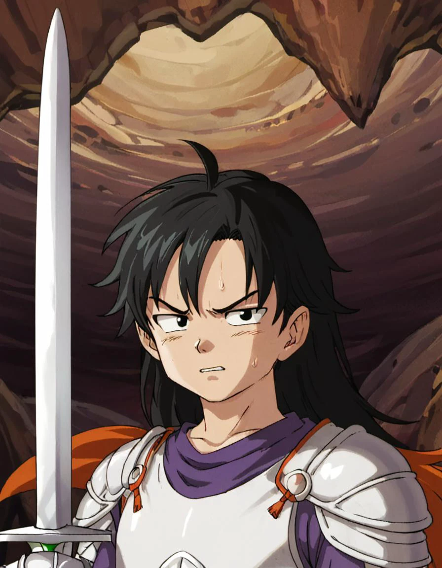 1boy, solo, long hair, armor, <lora:dragonballartstyle:.85>, dragonballartstyle, solo, cave, sword, close up,