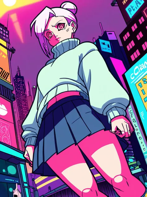 (art by cabronpr), sweater, pleated skirt, a cyberpunk city, seiza,