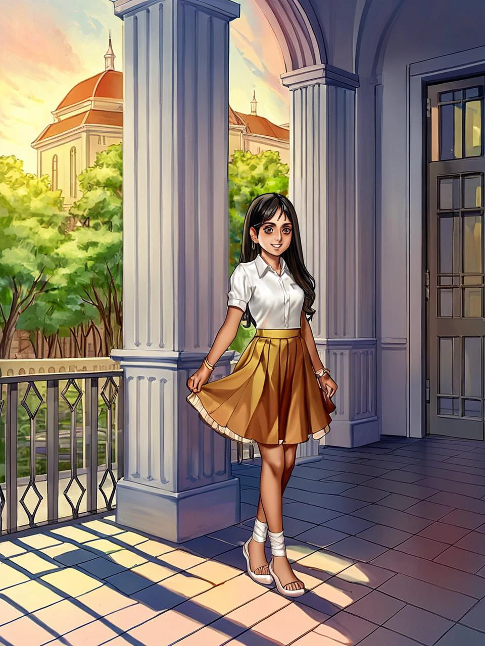 (art by i0525:1.3), 1girl, conservatory, indian style, overall skirt,