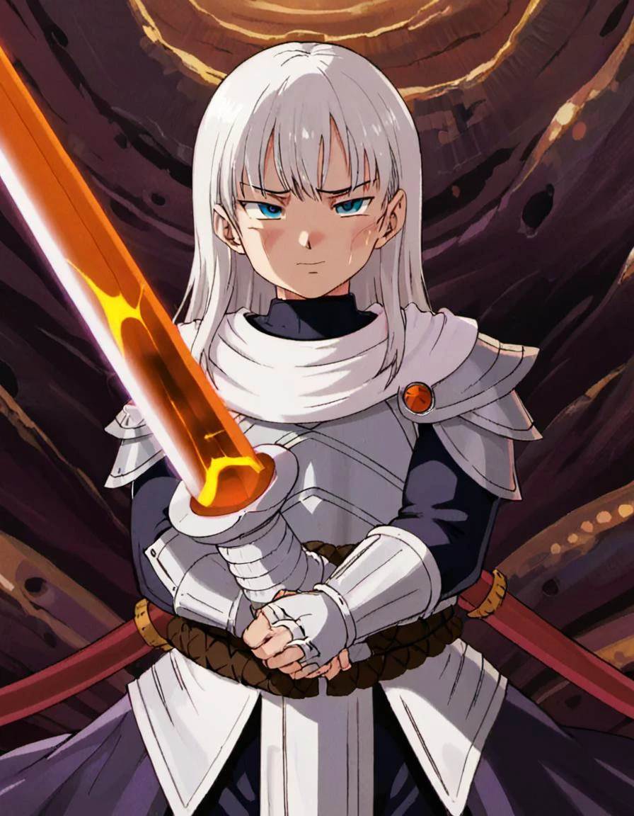 1boy, solo, long hair, armor, <lora:dragonballartstyle:.85>, dragonballartstyle, solo, cave, sword, close up,