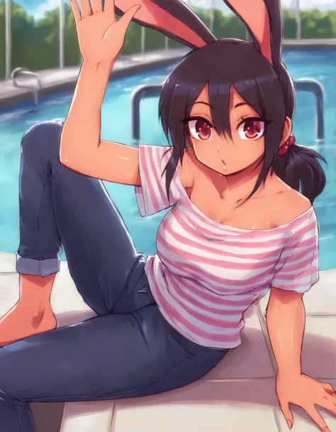 (art by rajii), 1girl, looking at viewer, cowboy shot, in a in a pool, cutoff jeans, striped shirt, rabbit pose