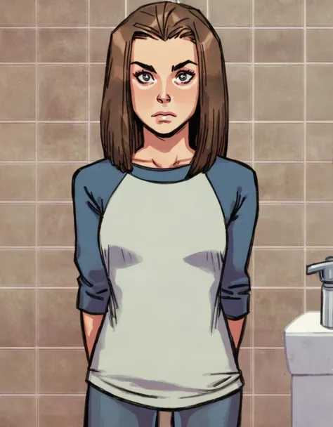 (art by nic klein), 1girl, looking at viewer, cowboy shot, in a bathroom, miniskirt, raglan sleeves, arms behind back