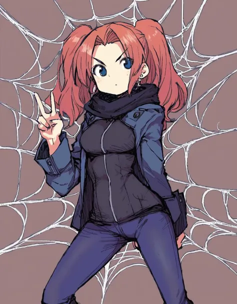 (art by maccha \(mochancc\)), 1girl, looking at viewer, cowboy shot, in a spiderweb, capri pants, coat, v