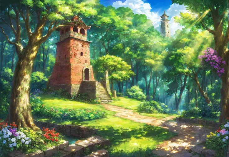 a painting of a stone tower, asymmetrical, dragon, art by toridamono, art by akihito tsukushi, outdoors, scenery, tree, flower, day, nature, sunlight, monster