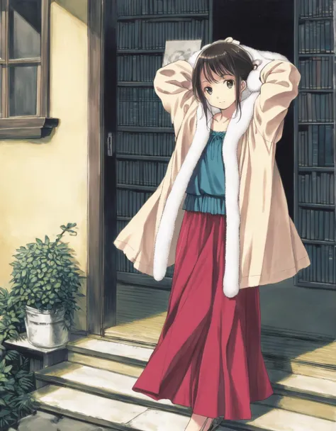 (art by suzuno \(bookshelf\)), 1girl, looking at viewer, cowboy shot, in a veranda, long skirt, fur-trimmed coat, arms behind head