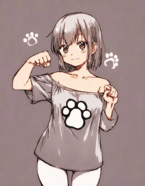 (art by wowoguni), 1girl, looking at viewer, cowboy shot, in a dream, miniskirt, off-shoulder shirt, paw pose