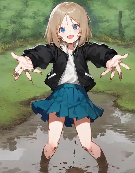 (art by aoin), 1girl, looking at viewer, cowboy shot, in a in a muddy puddle, skirt, jacket, outstretched arms