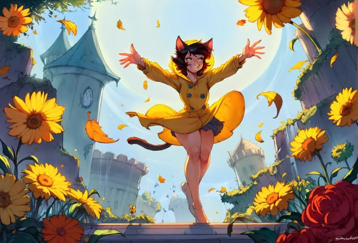 art by don bluth, 1girl, flowers, in a shed, falling leaves, cat girl, solo, letterman jacket, skirt, arms behind back, grin, <lora:Fixhands-unfilteredai:1.25> , (art by cutesexyrobutts:0.1),