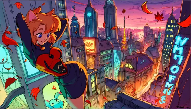 art by don bluth, 1girl, flowers, in a a neon city, falling leaves, cat girl, solo, underbust, high-low skirt, arms behind head, light smile, <lora:Fixhands-unfilteredai:1.25> , (art by cutesexyrobutts:0.1),