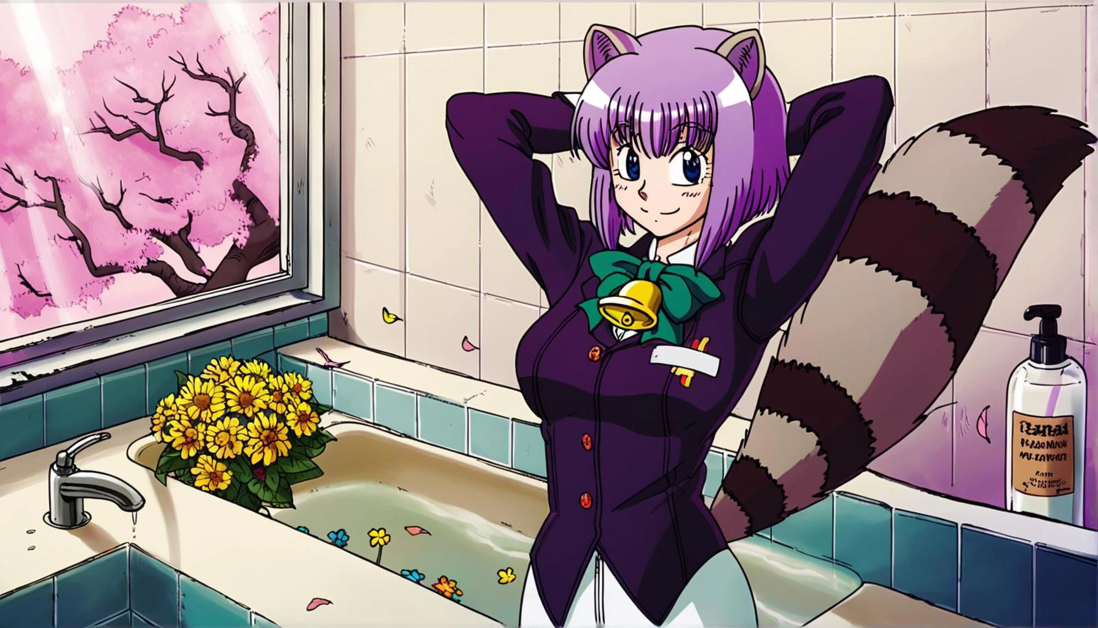 art by akira toriyama, 1girl, flowers, in a bathroom, falling leaves, raccoon girl, solo, tailcoat, bell-bottoms, arms behind head, seductive smile, <lora:Fixhands-unfilteredai:1.25> , (art by amonitto:0.1),
