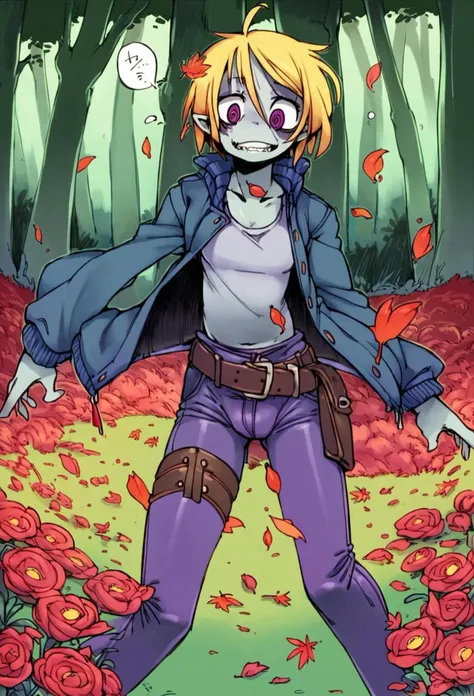 art by doppel, 1girl, flowers, in a forest, <lora:Fixhands-unfilteredai:1.25> , falling leaves, zombie girl, solo, jacket, chaps,