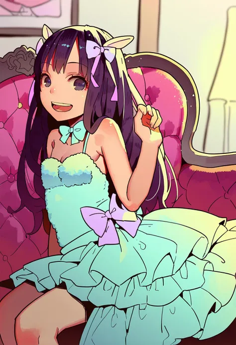 art by muk, loveseat, Prom Dress, sheep girl, purple hair,