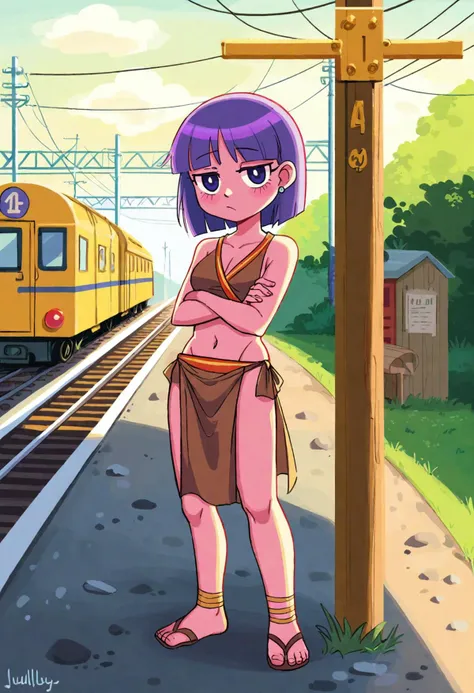 (art by jlullaby:1.1), (art by minakami:0.05), female, Loincloth, purple hair, in a railroad crossing,